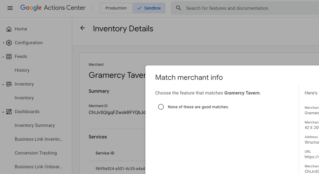 Google Actions Center — Covers feed live in sandbox