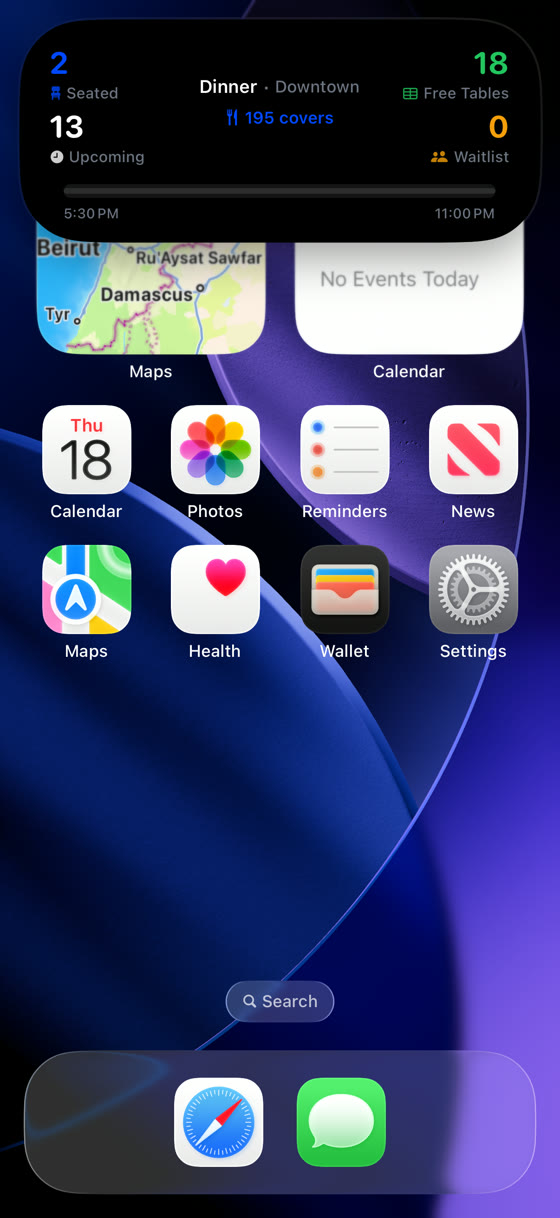 Home-screen widget and Dynamic Island showing live service stats