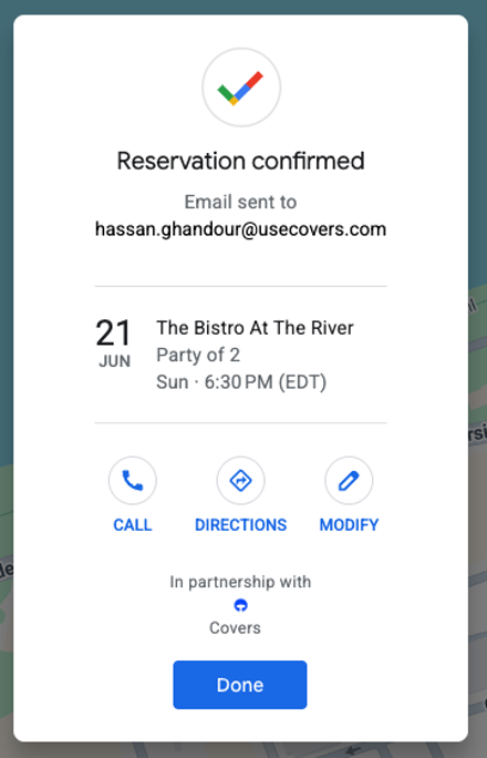 Reserve with Google booking confirmed, in partnership with Covers