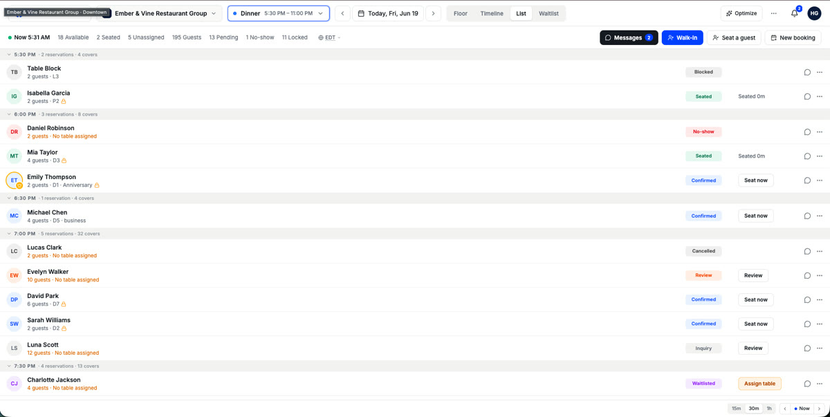 Service View list of reservations grouped by time with one-tap actions