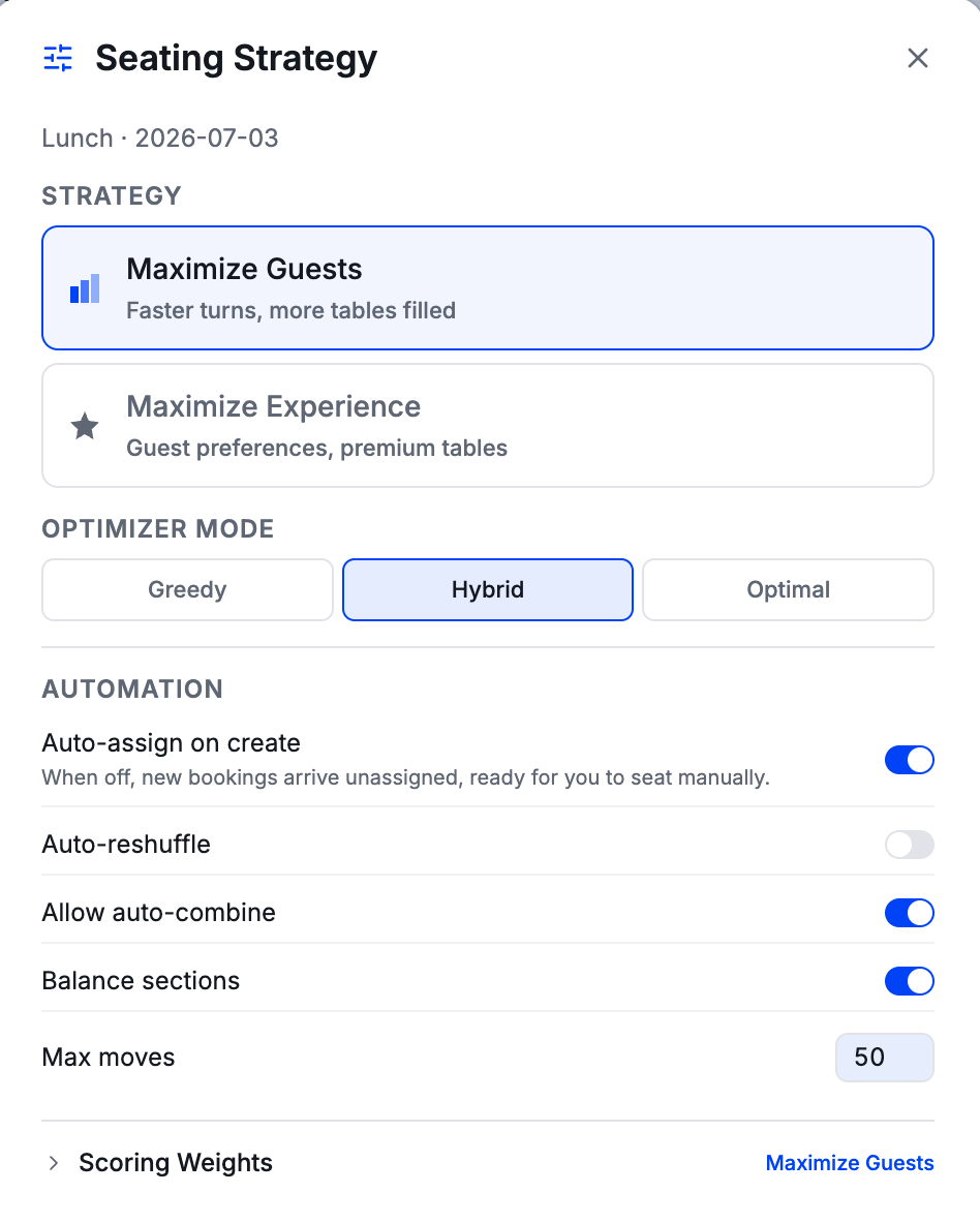 Seating Strategy panel with auto-assign on create