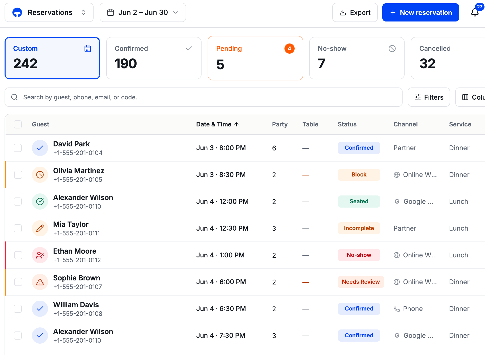 Reservations list with status discs and New badges