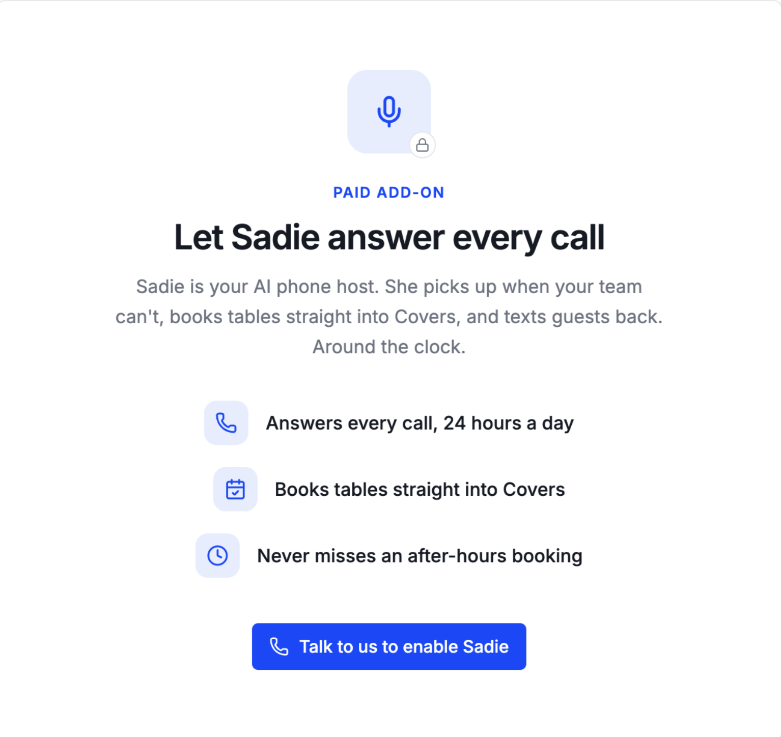The locked Sadie upsell screen shown to venues without the add-on