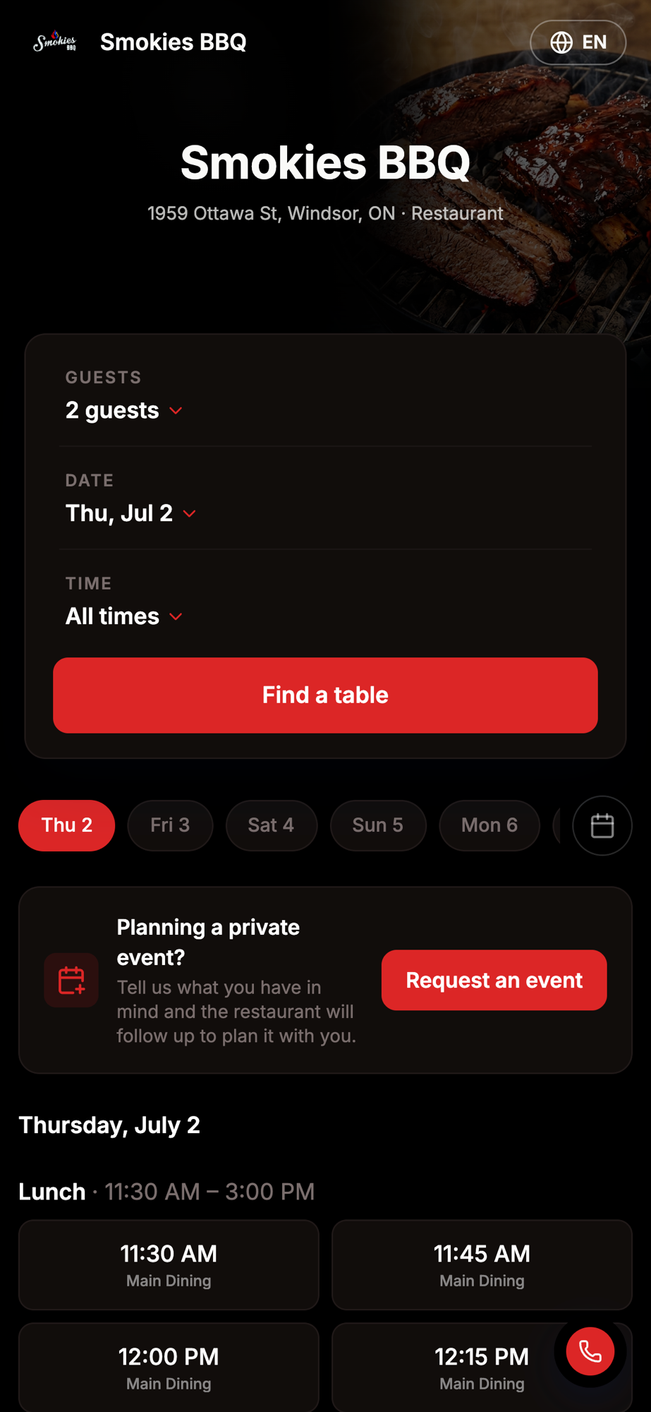 Smokies BBQ booking widget