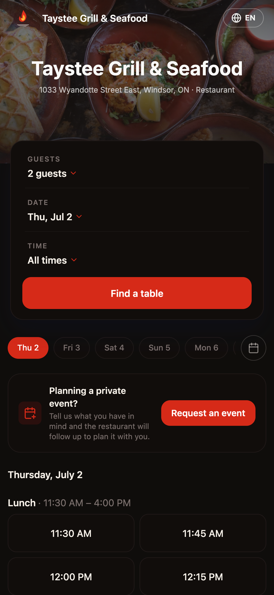 Taystee Grill & Seafood booking widget