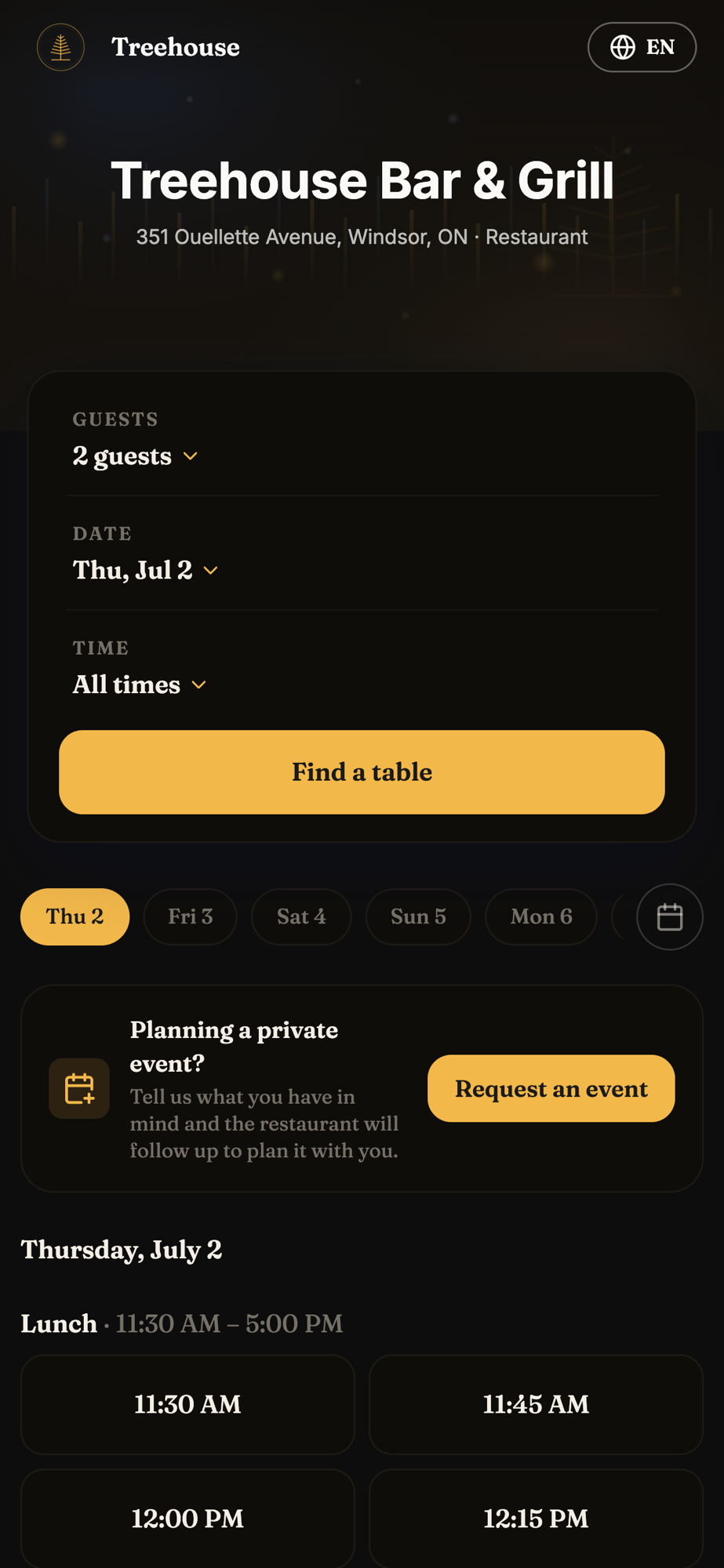 Treehouse Bar & Grill booking widget