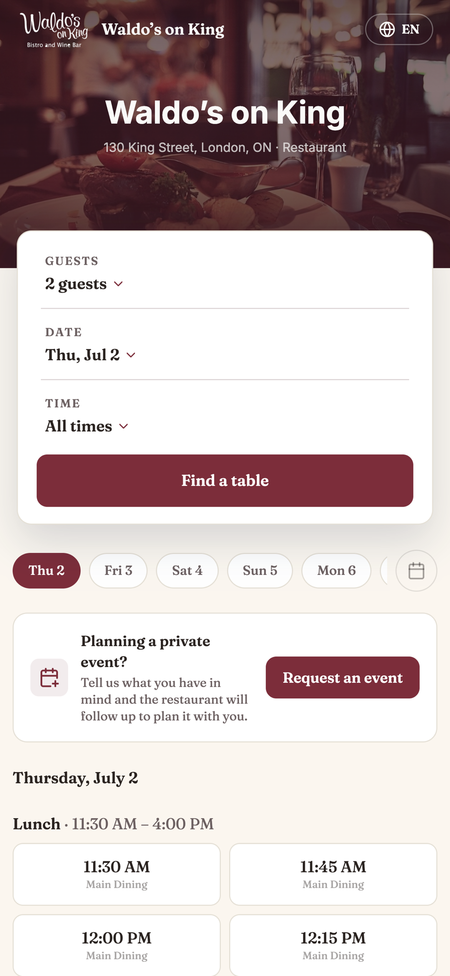 Waldo's on King booking widget